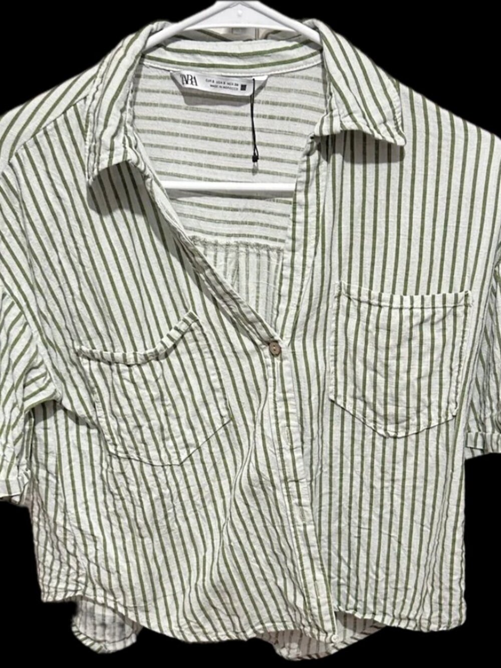 Zara Green and White Striped Button Down Shirt